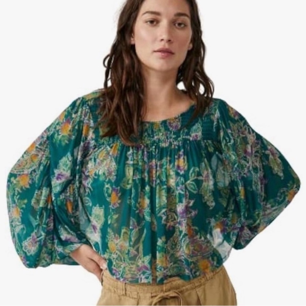 NWT Free People Up For Anything Blouse in Emerald Combo Color